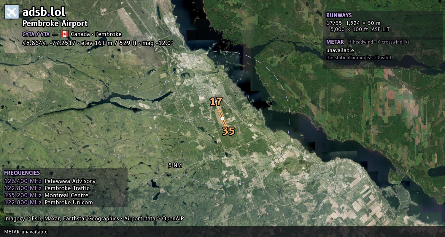 Satellite map with the runway layout of Pembroke Airport (CYTA)