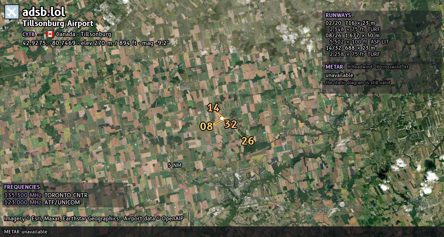 Satellite map with the runway layout of Tillsonburg Airport (CYTB)