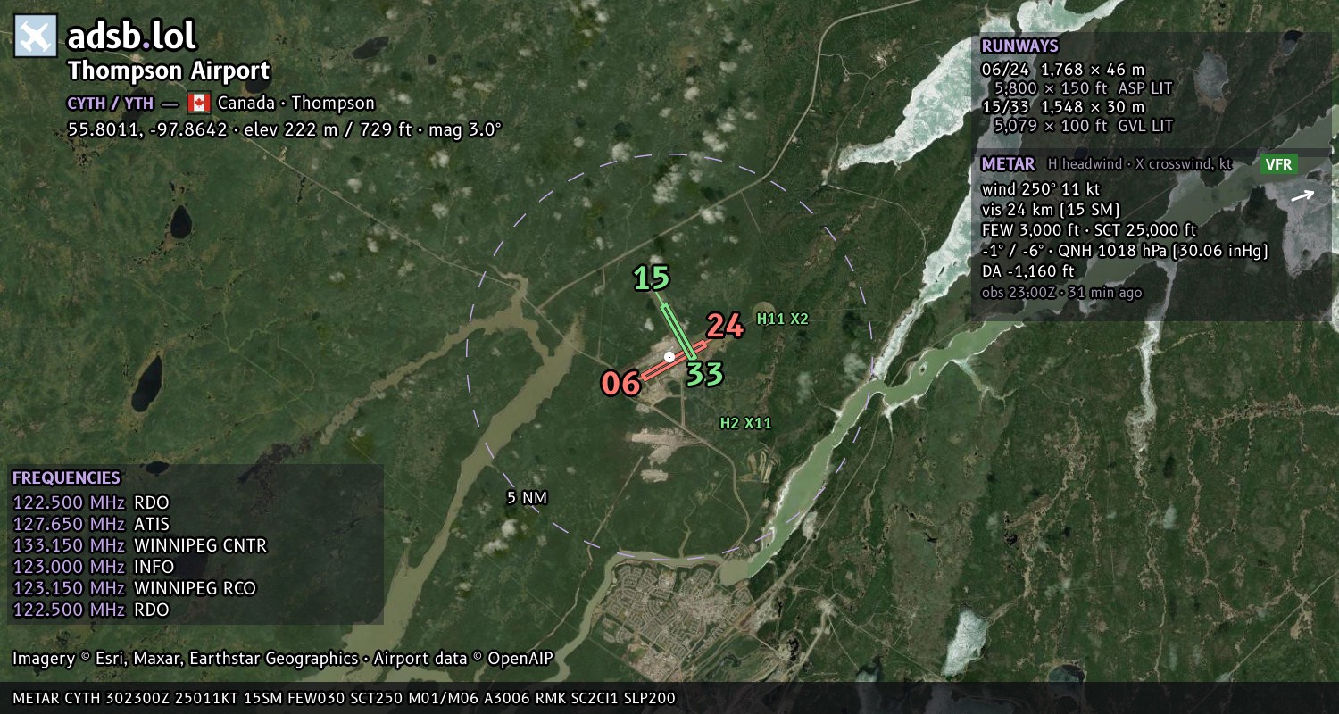 Satellite map with the runway layout of Thompson Airport (CYTH)