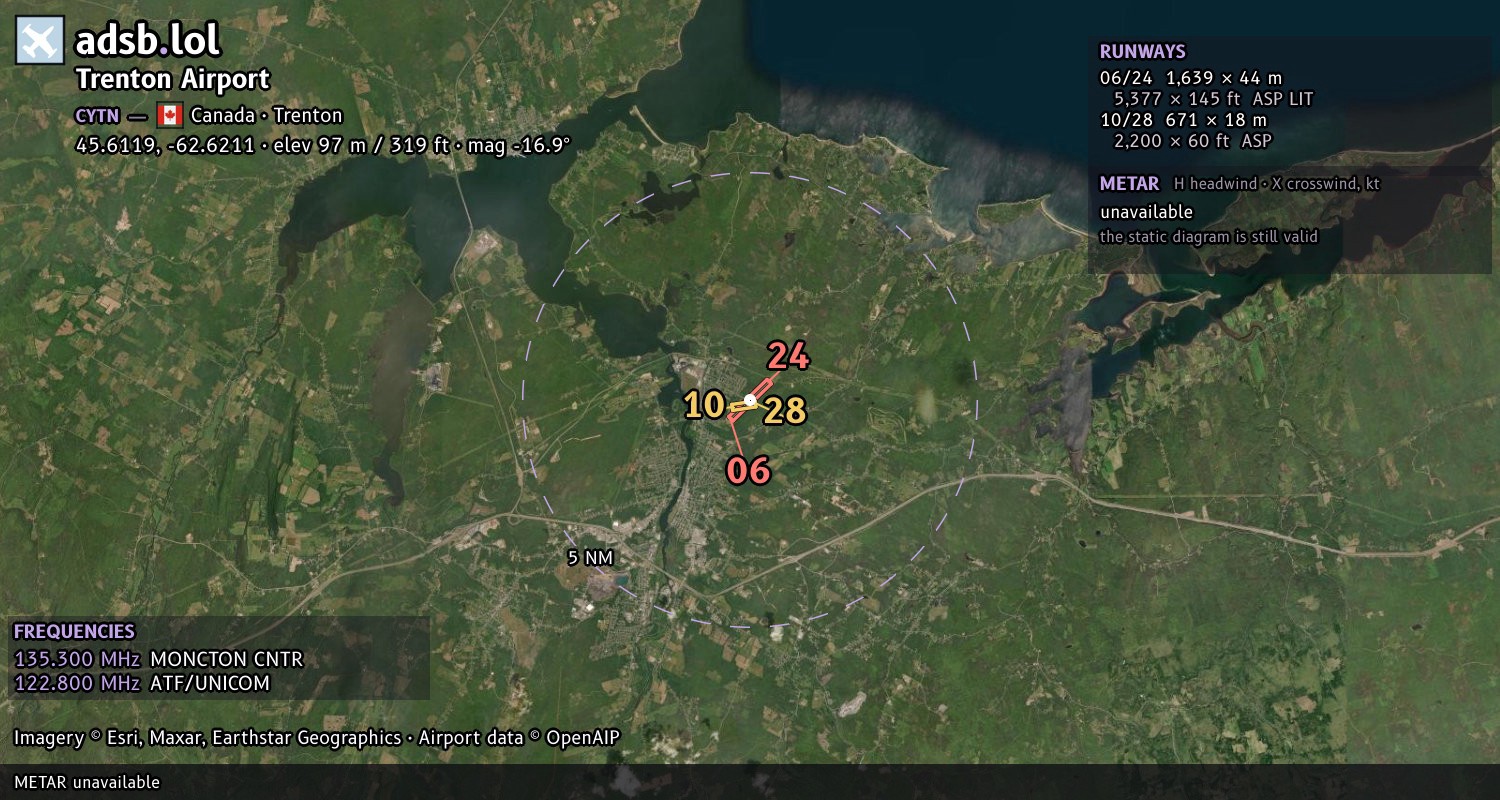 Satellite map with the runway layout of Trenton Airport (CYTN)