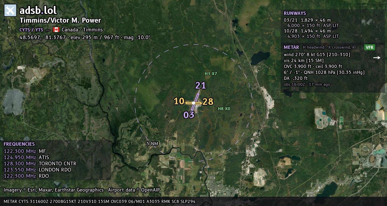 Satellite map with the runway layout of Timmins/Victor M. Power (CYTS)