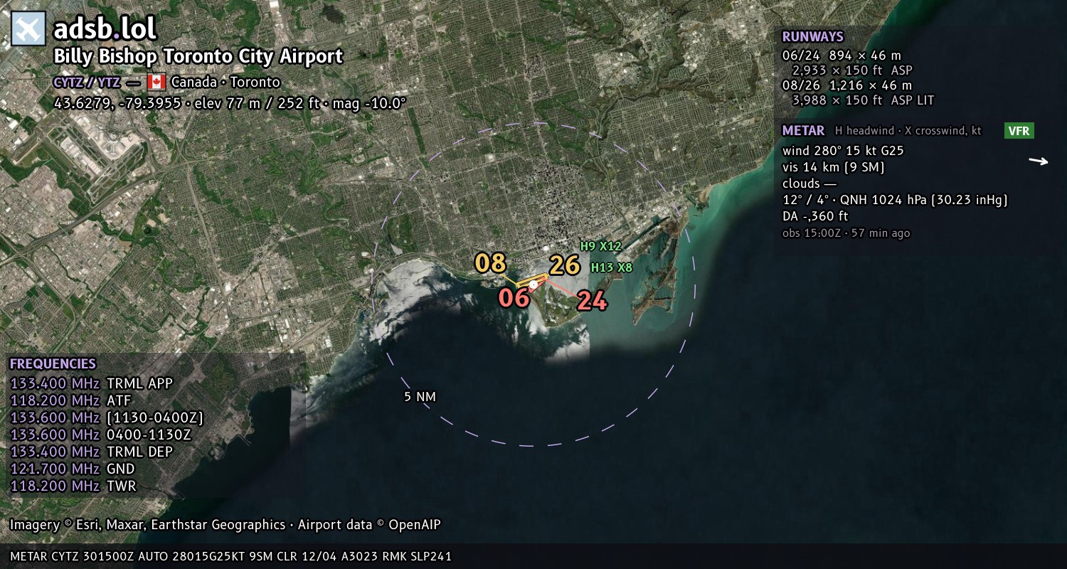 Satellite map with the runway layout of Billy Bishop Toronto City Airport (CYTZ)