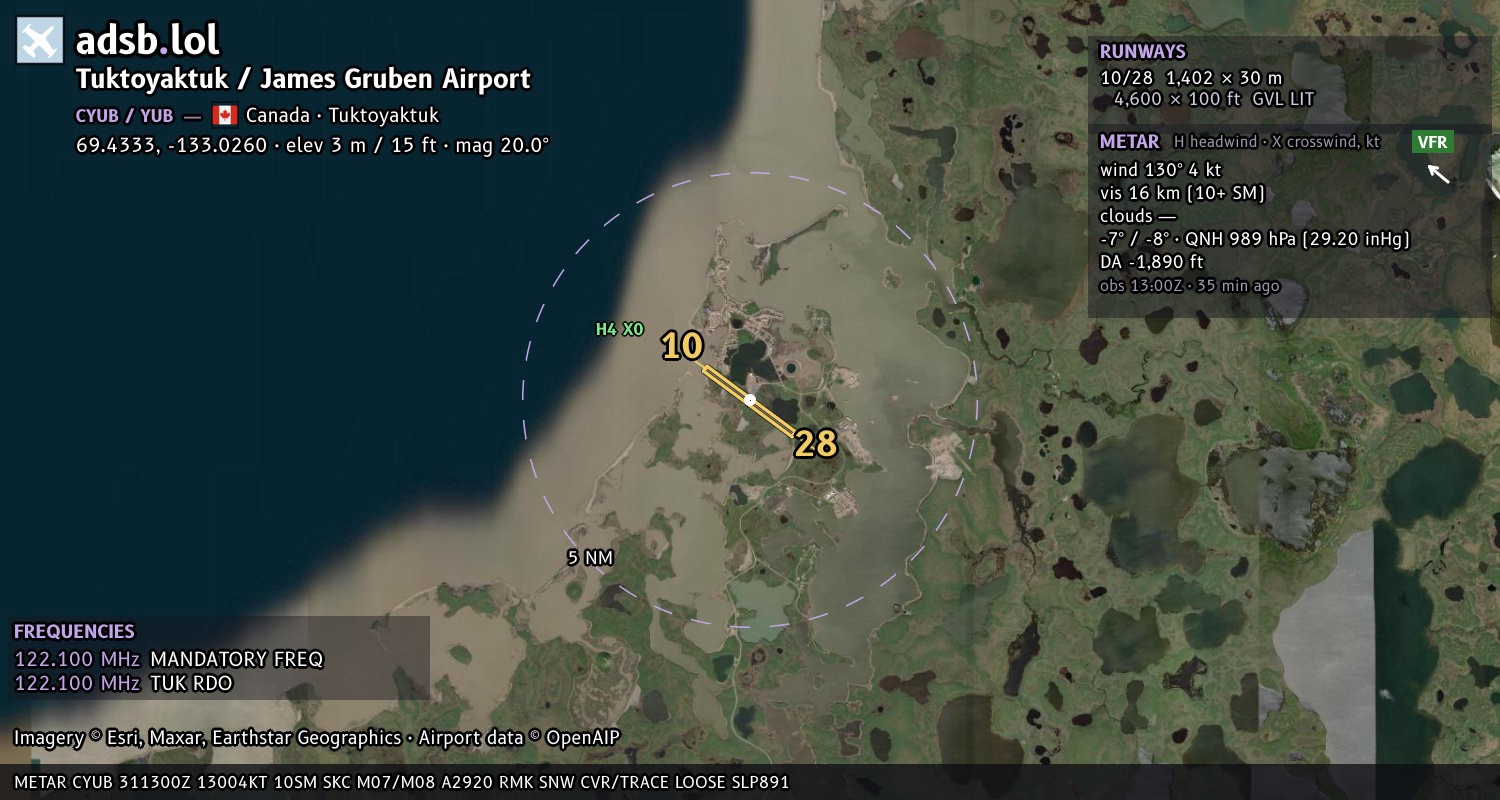 Satellite map with the runway layout of Tuktoyaktuk / James Gruben Airport (CYUB)