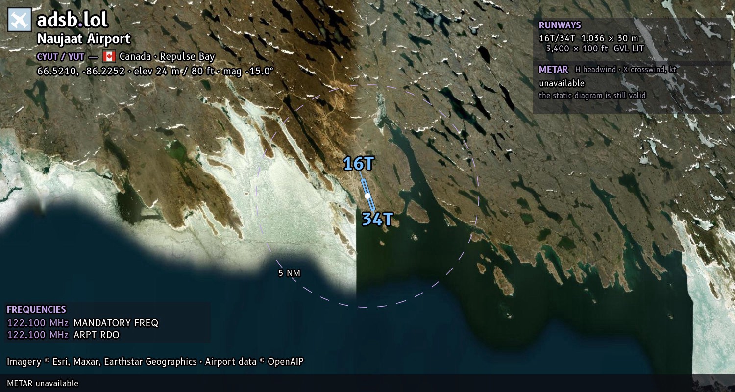 Satellite map with the runway layout of Naujaat Airport (CYUT)