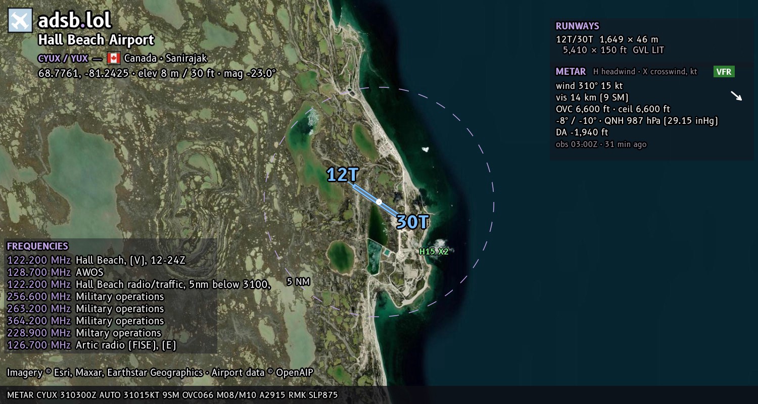 Satellite map with the runway layout of Hall Beach Airport (CYUX)
