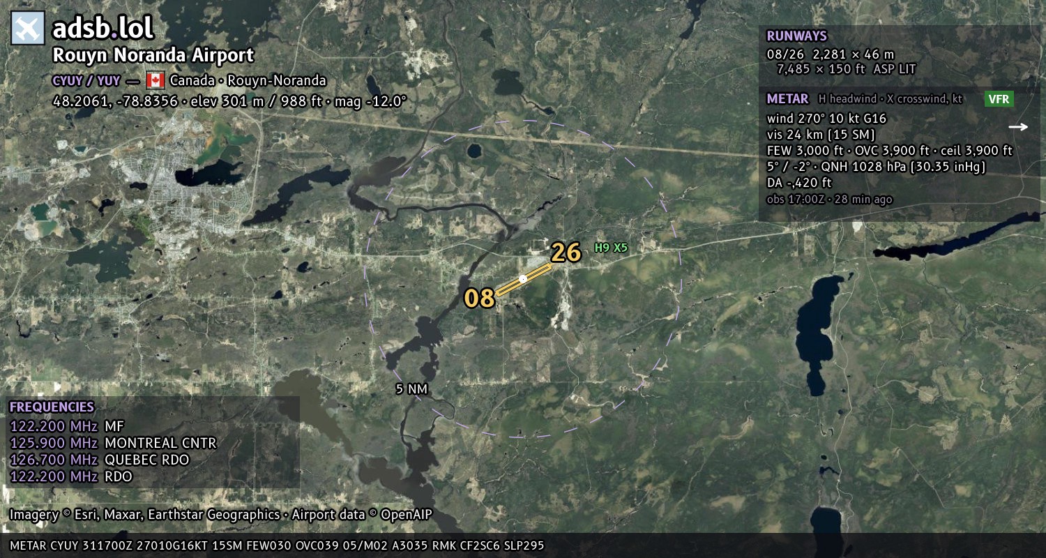 Satellite map with the runway layout of Rouyn Noranda Airport (CYUY)