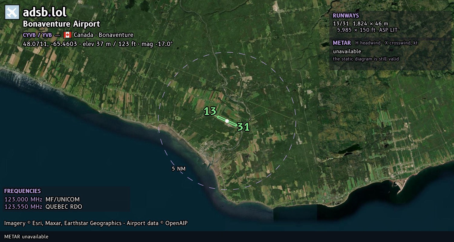 Satellite map with the runway layout of Bonaventure Airport (CYVB)