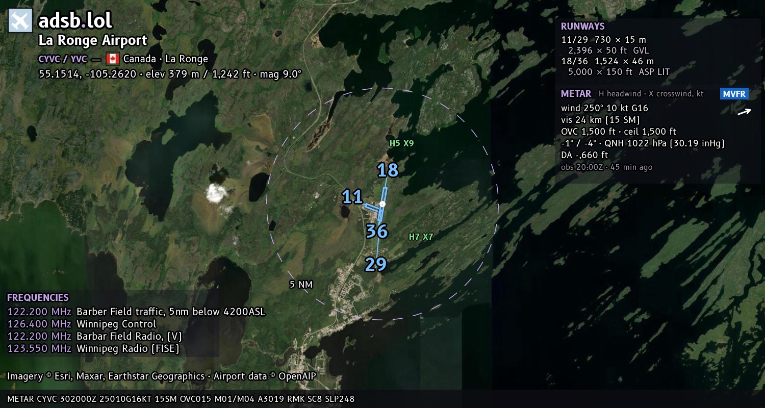 Satellite map with the runway layout of La Ronge Airport (CYVC)