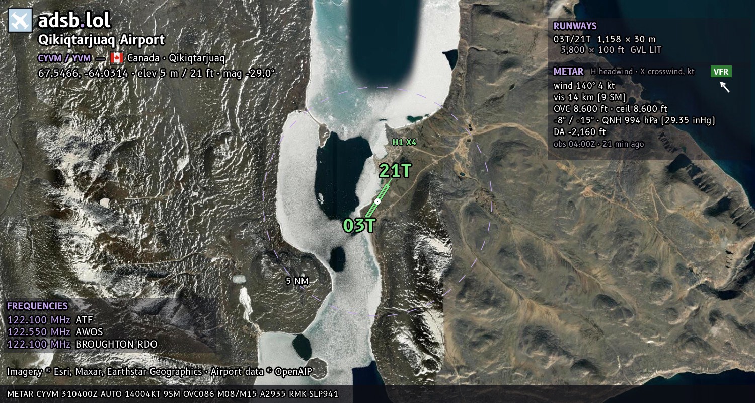 Satellite map with the runway layout of Qikiqtarjuaq Airport (CYVM)