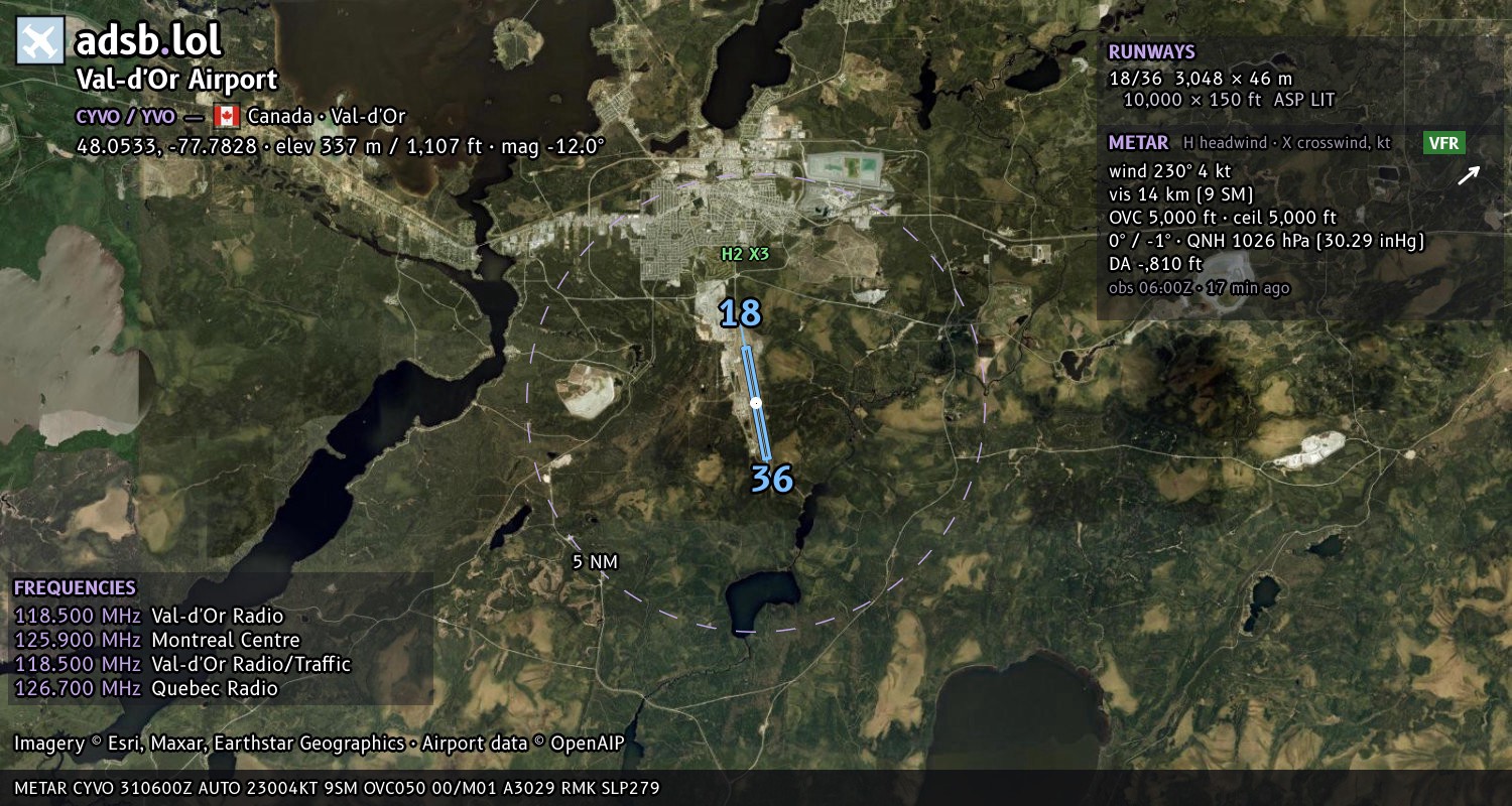 Satellite map with the runway layout of Val-d'Or Airport (CYVO)