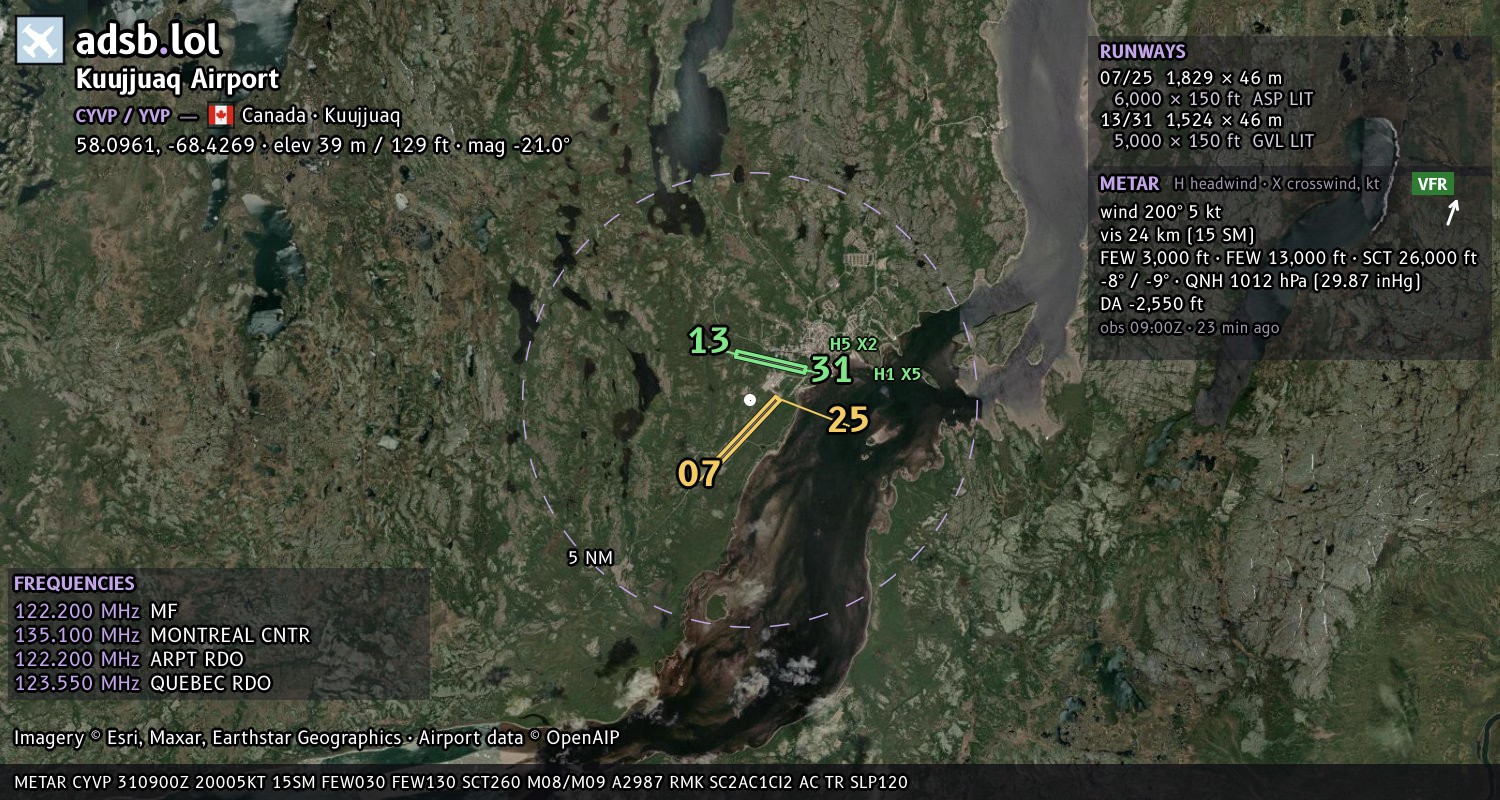 Satellite map with the runway layout of Kuujjuaq Airport (CYVP)