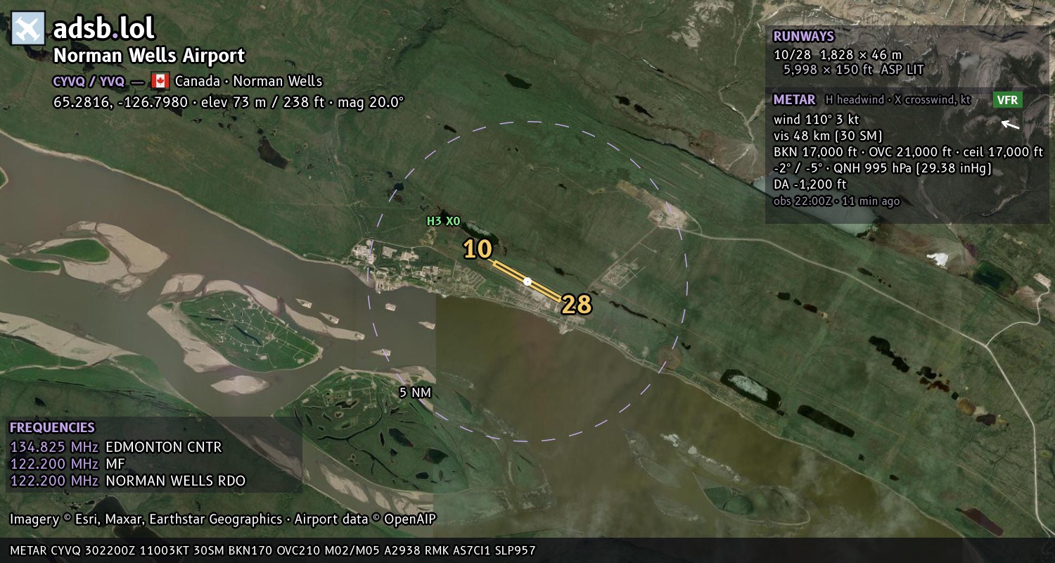 Satellite map with the runway layout of Norman Wells Airport (CYVQ)