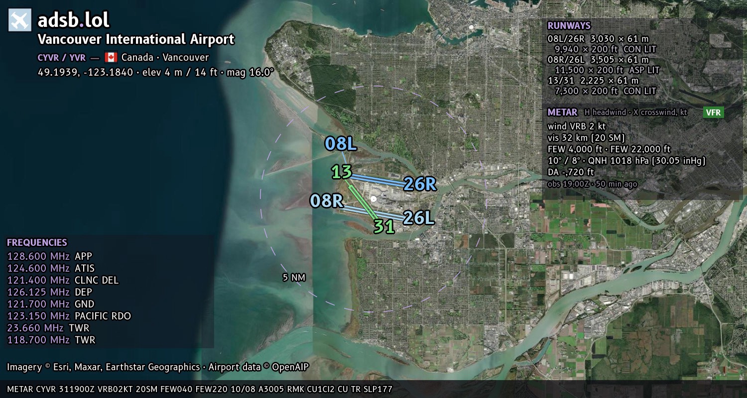 Satellite map with the runway layout of Vancouver International Airport (CYVR)