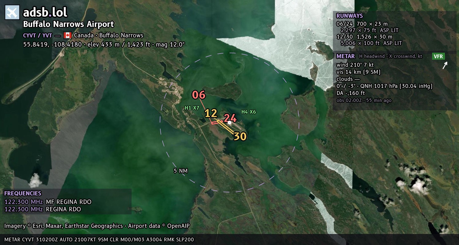 Satellite map with the runway layout of Buffalo Narrows Airport (CYVT)