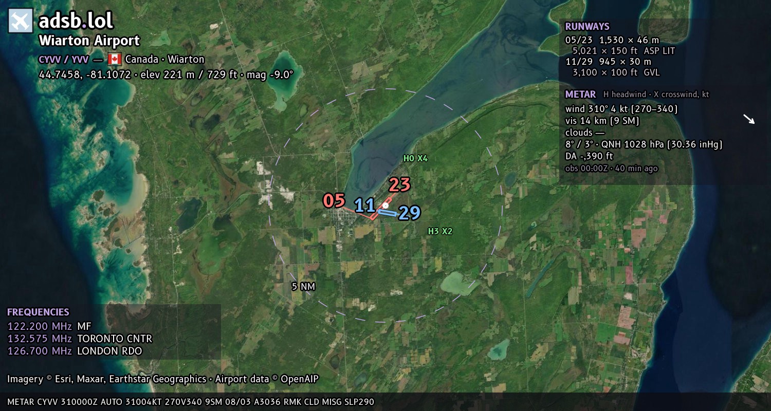 Satellite map with the runway layout of Wiarton Airport (CYVV)