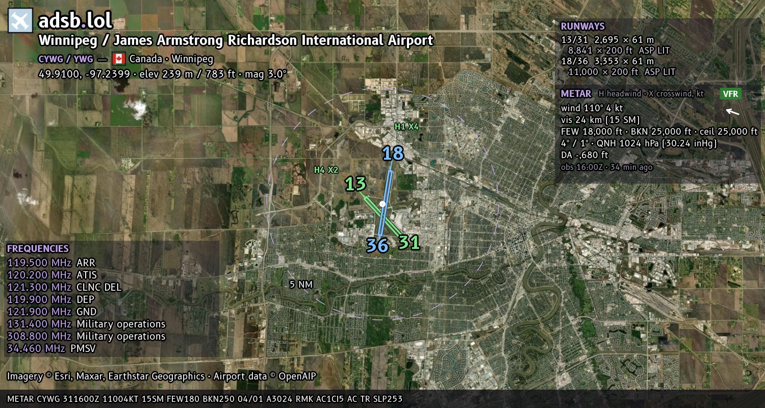 Satellite map with the runway layout of Winnipeg / James Armstrong Richardson International Airport (CYWG)