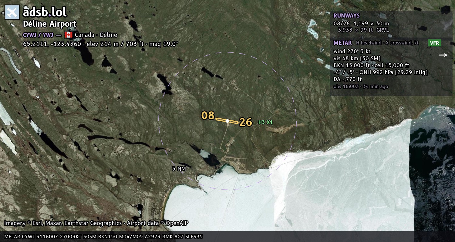 Satellite map with the runway layout of Déline Airport (CYWJ)