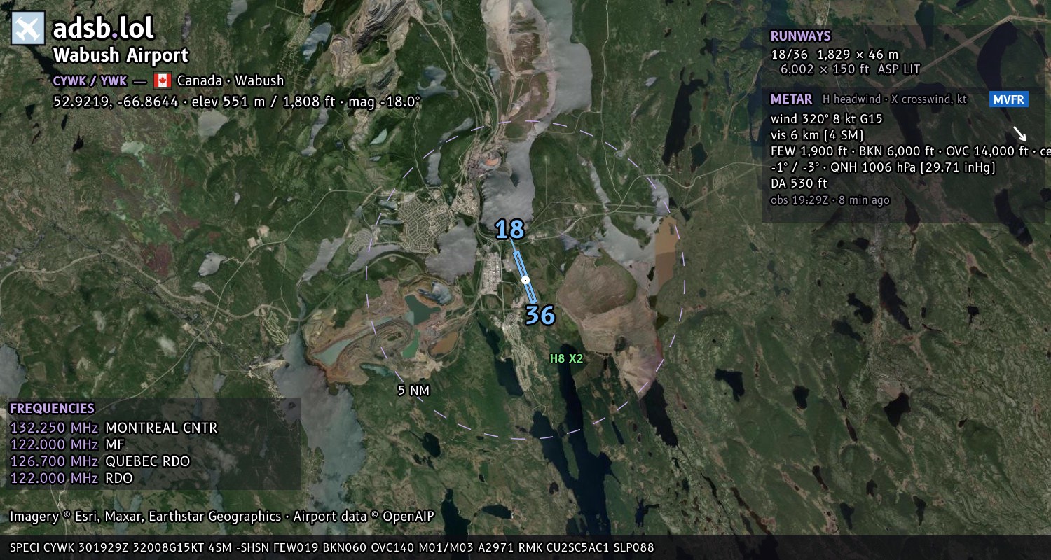 Satellite map with the runway layout of Wabush Airport (CYWK)