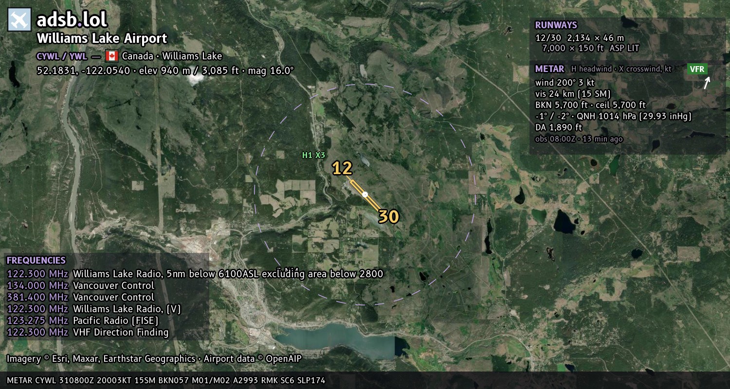 Satellite map with the runway layout of Williams Lake Airport (CYWL)