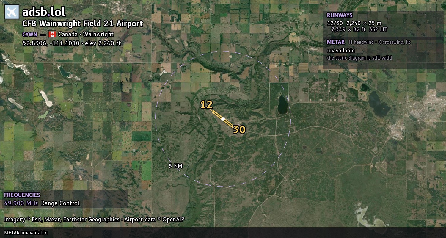 Satellite map with the runway layout of CFB Wainwright Field 21 Airport (CYWN)