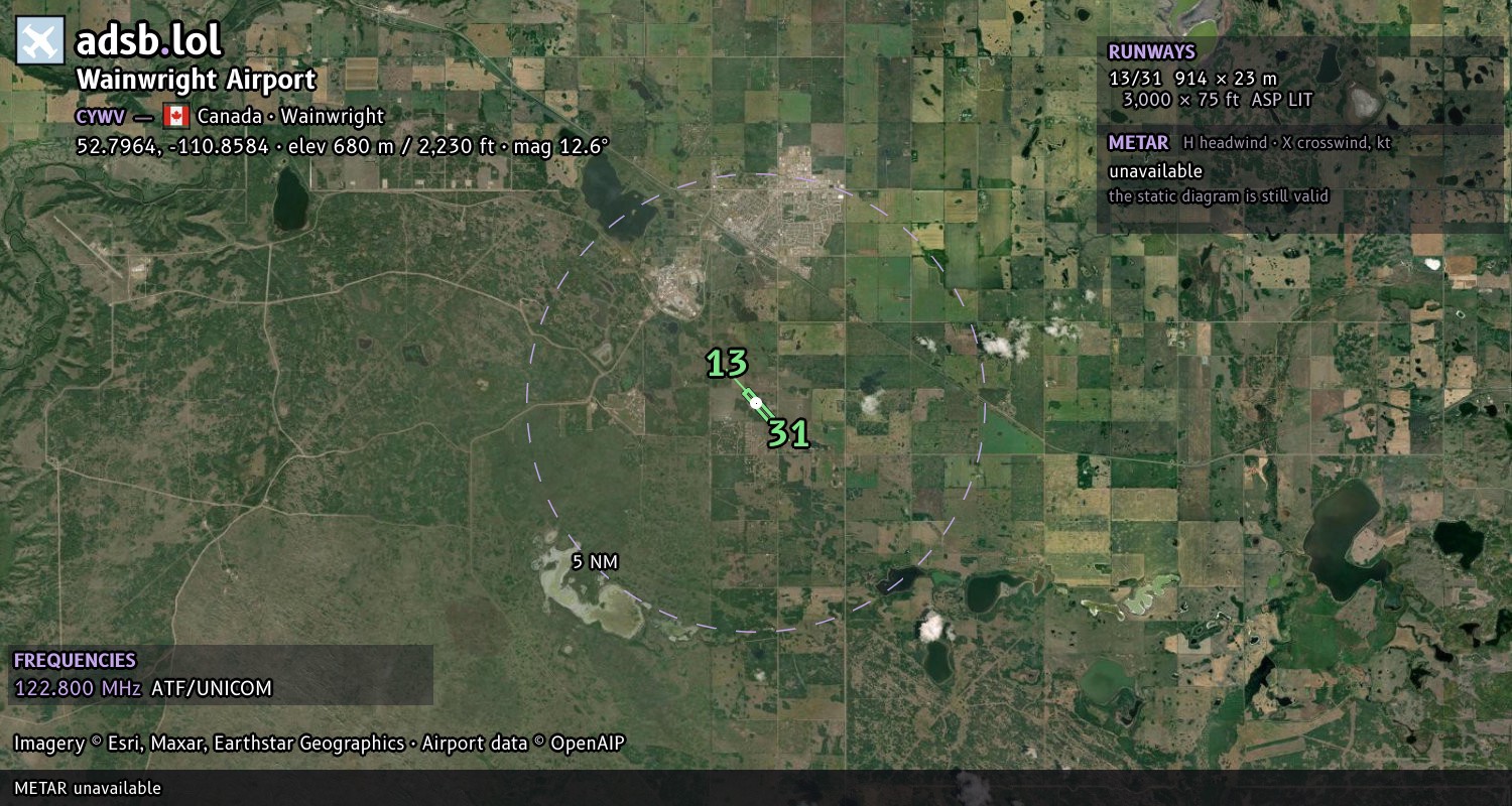 Satellite map with the runway layout of Wainwright Airport (CYWV)