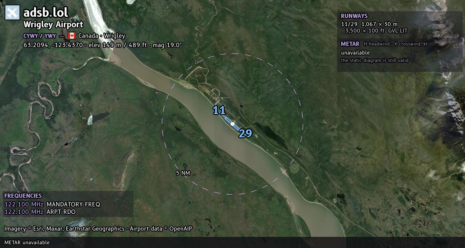 Satellite map with the runway layout of Wrigley Airport (CYWY)
