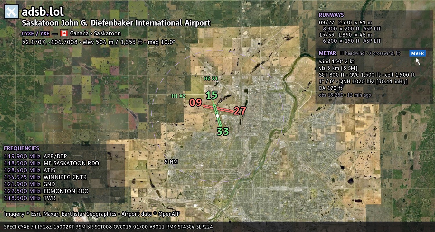 Satellite map with the runway layout of Saskatoon John G. Diefenbaker International Airport (CYXE)