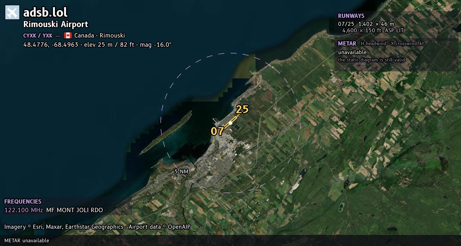 Satellite map with the runway layout of Rimouski Airport (CYXK)