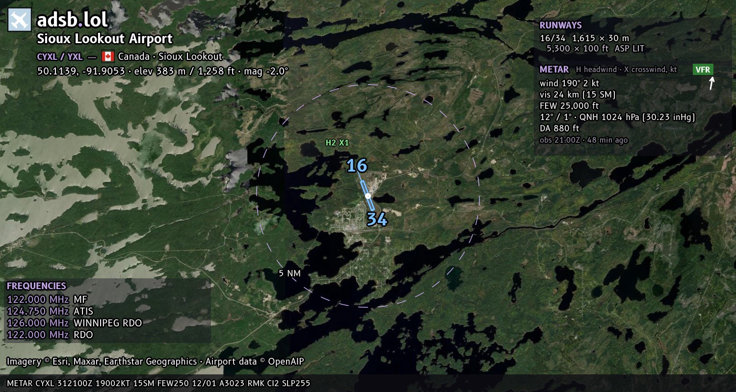 Satellite map with the runway layout of Sioux Lookout Airport (CYXL)