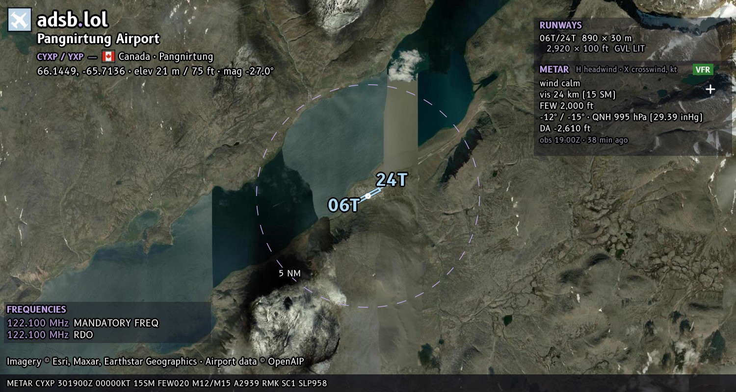 Satellite map with the runway layout of Pangnirtung Airport (CYXP)