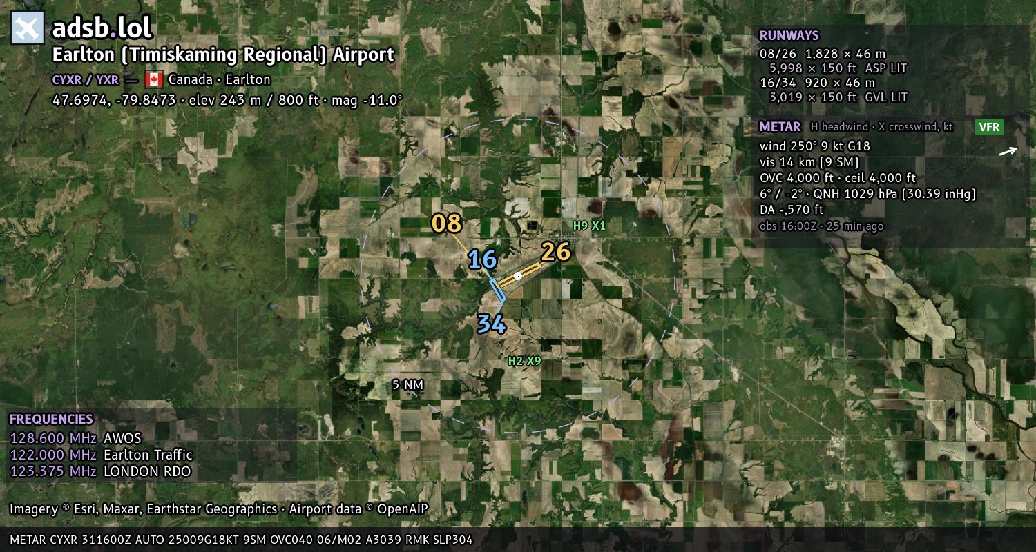 Satellite map with the runway layout of Earlton (Timiskaming Regional) Airport (CYXR)