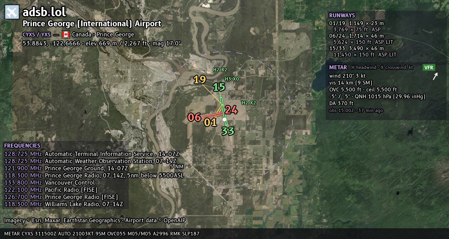 Satellite map with the runway layout of Prince George (International) Airport (CYXS)