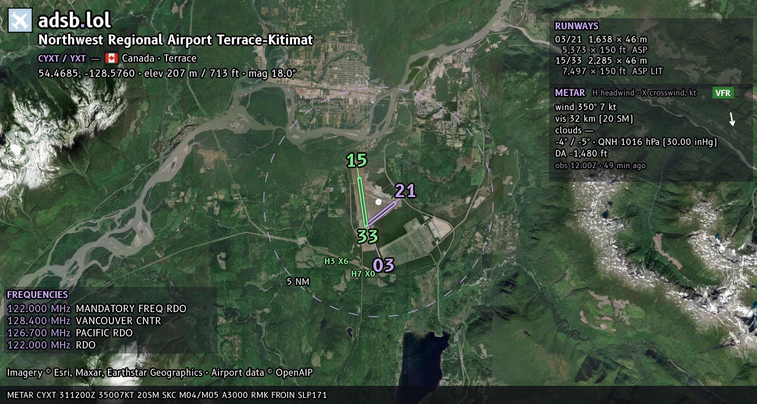 Satellite map with the runway layout of Northwest Regional Airport Terrace-Kitimat (CYXT)
