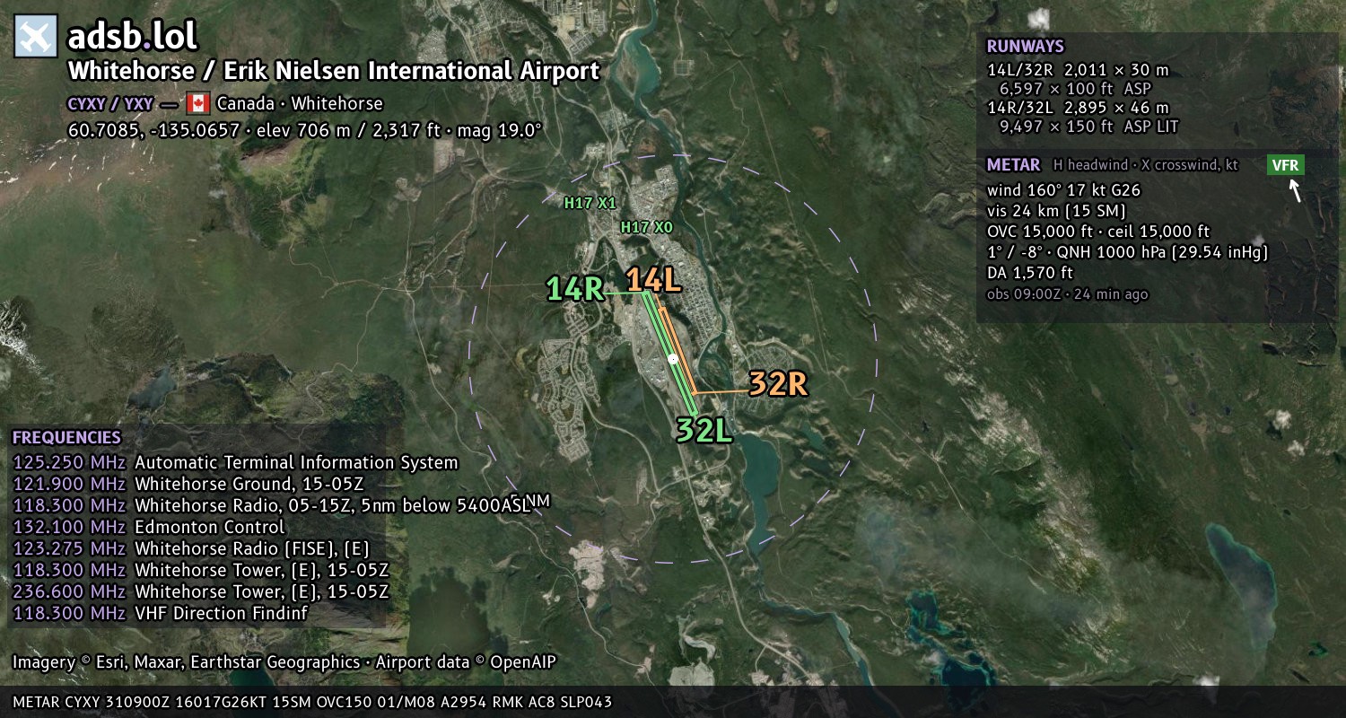 Satellite map with the runway layout of Whitehorse / Erik Nielsen International Airport (CYXY)
