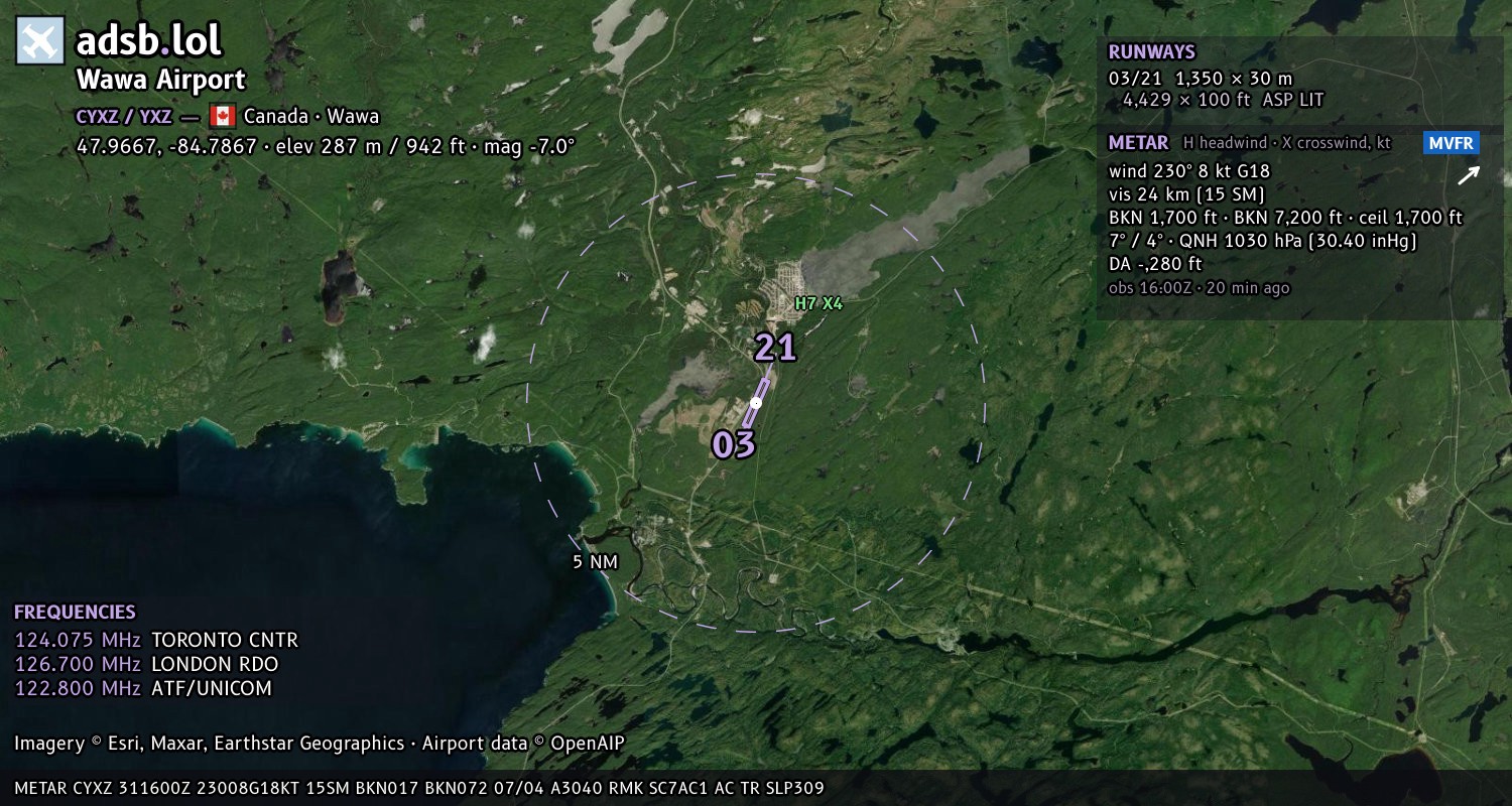 Satellite map with the runway layout of Wawa Airport (CYXZ)