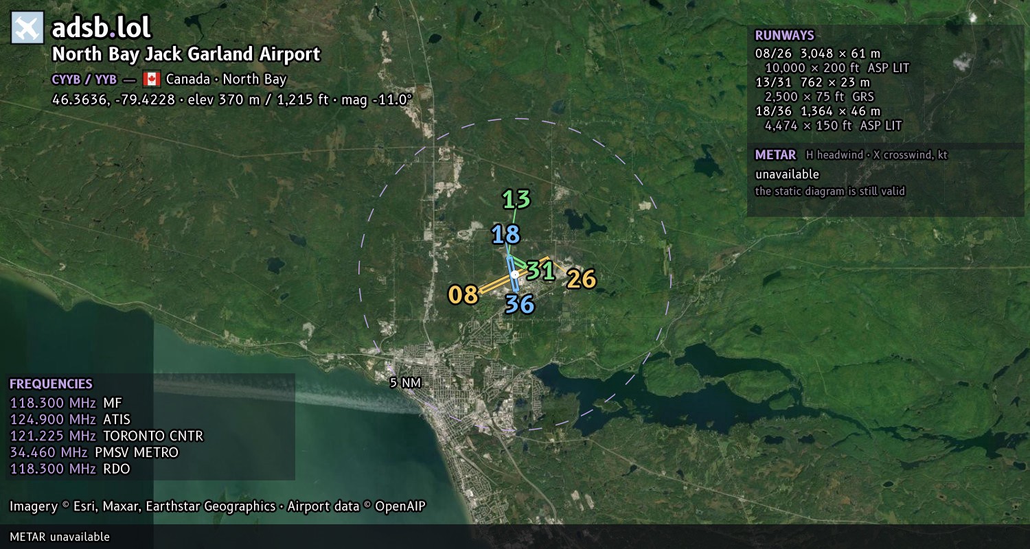 Satellite map with the runway layout of North Bay Jack Garland Airport (CYYB)
