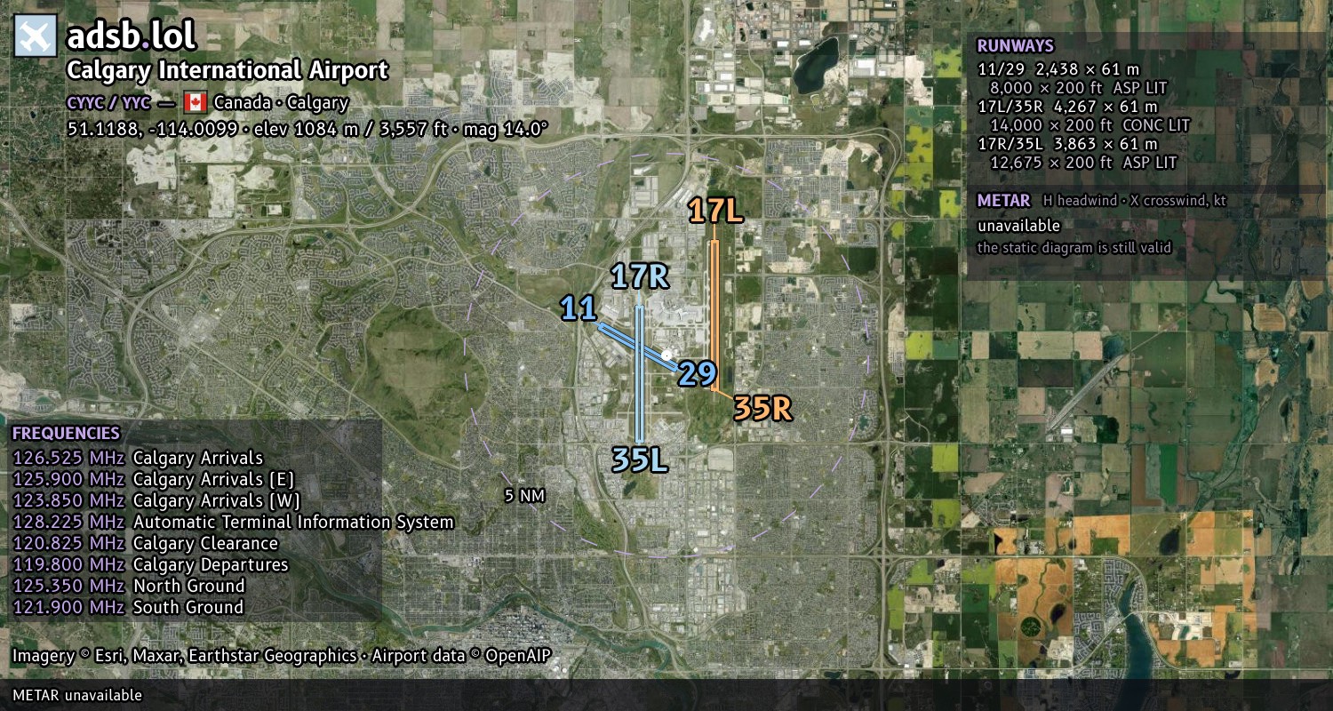 Satellite map with the runway layout of Calgary International Airport (CYYC)