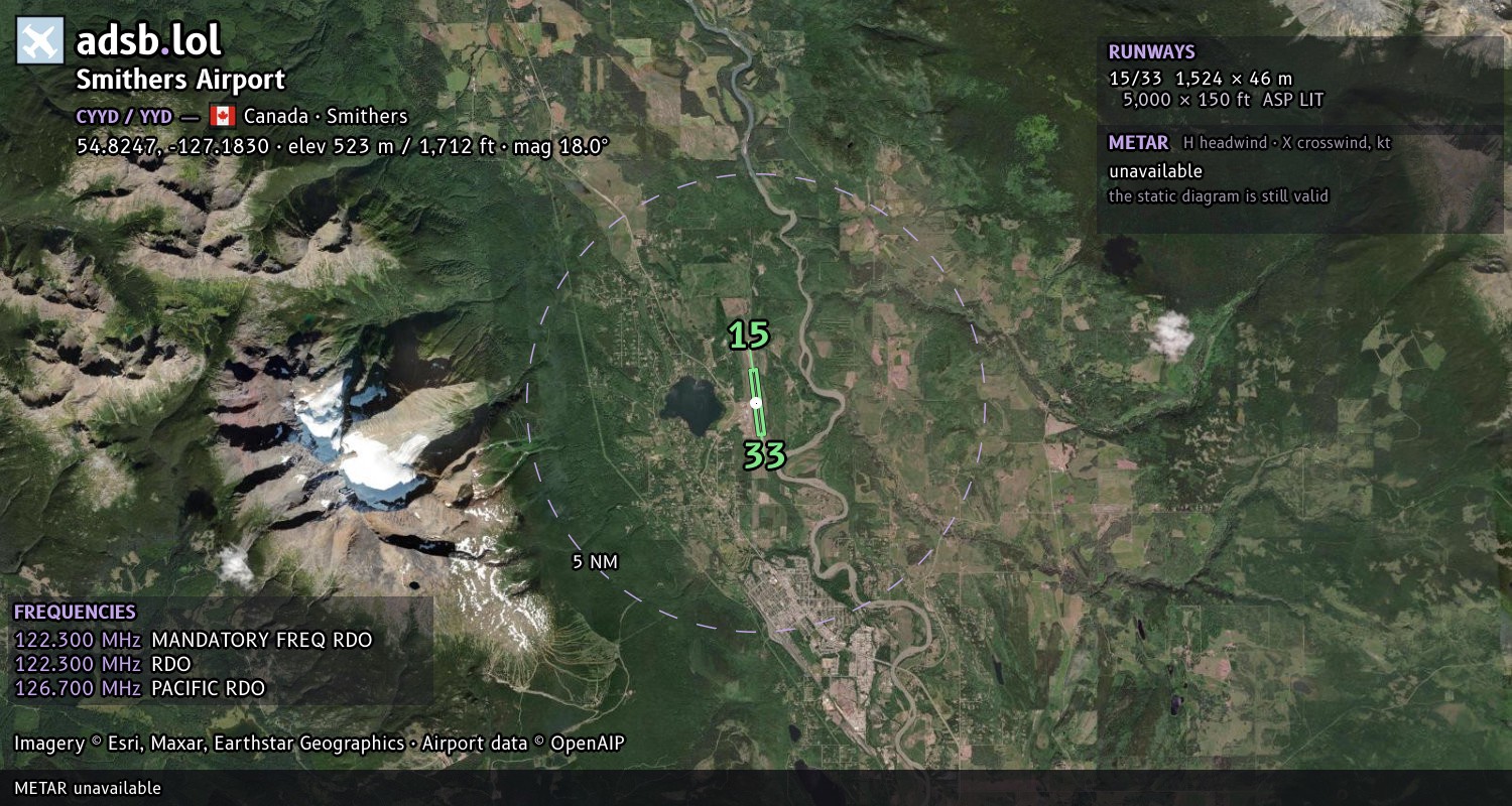 Satellite map with the runway layout of Smithers Airport (CYYD)