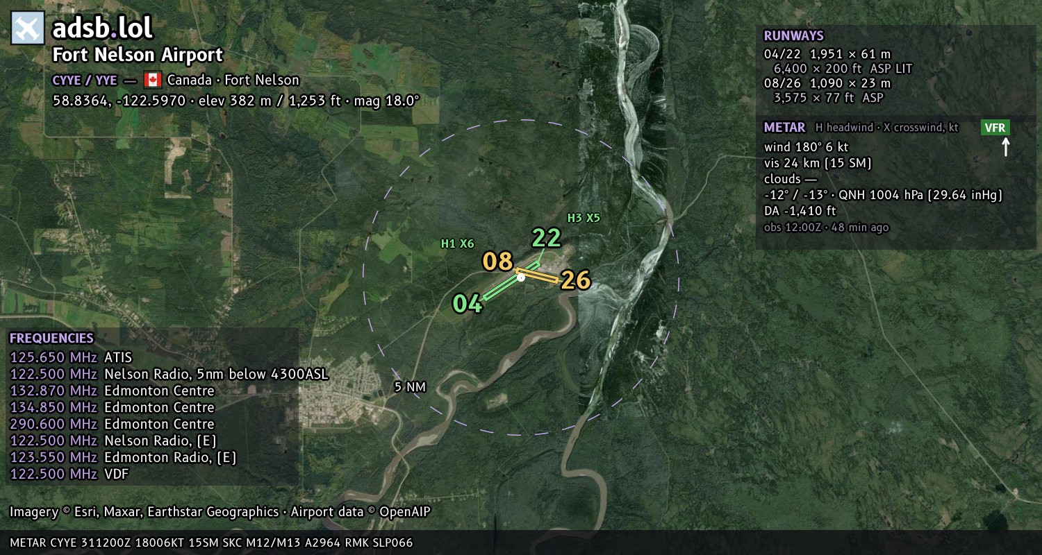Satellite map with the runway layout of Fort Nelson Airport (CYYE)