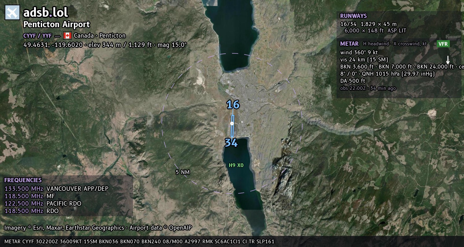 Satellite map with the runway layout of Penticton Airport (CYYF)