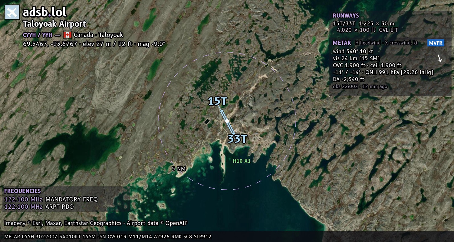 Satellite map with the runway layout of Taloyoak Airport (CYYH)