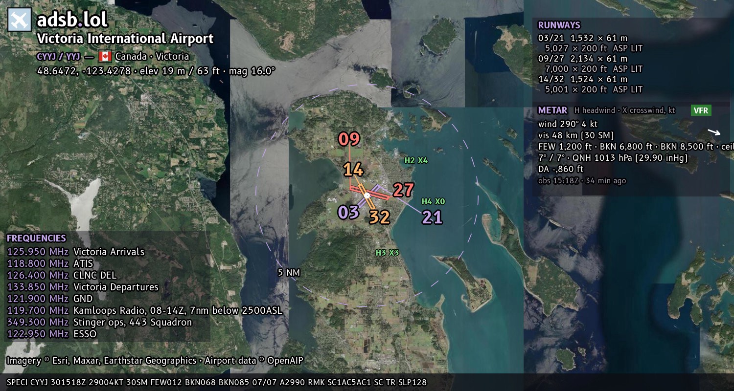 Satellite map with the runway layout of Victoria International Airport (CYYJ)
