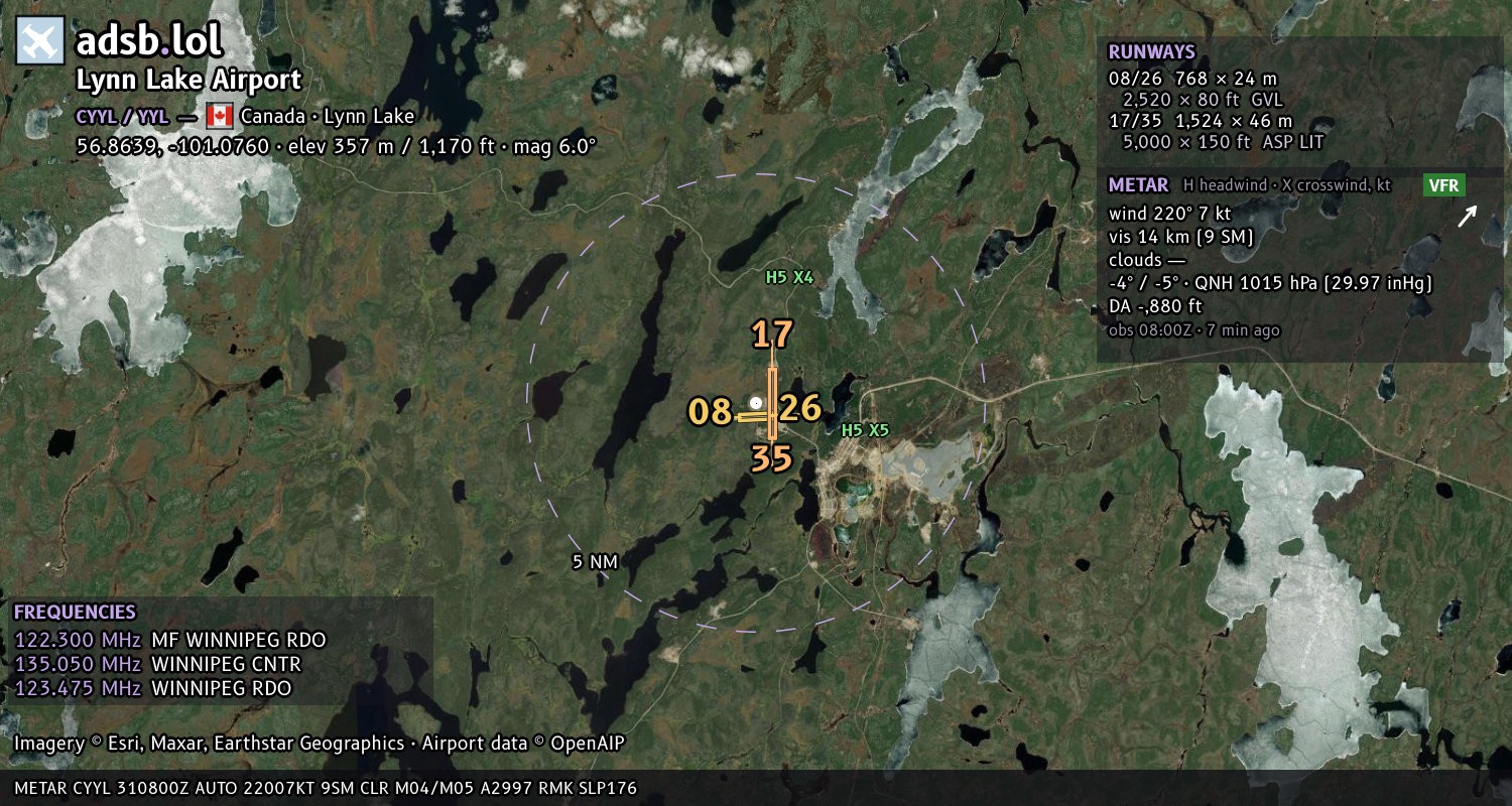 Satellite map with the runway layout of Lynn Lake Airport (CYYL)