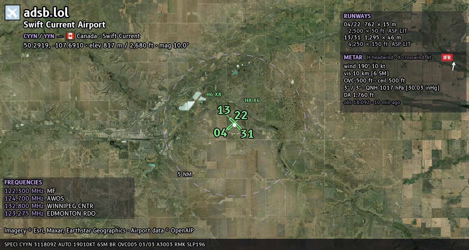 Satellite map with the runway layout of Swift Current Airport (CYYN)