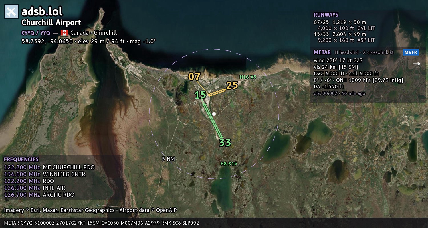 Satellite map with the runway layout of Churchill Airport (CYYQ)