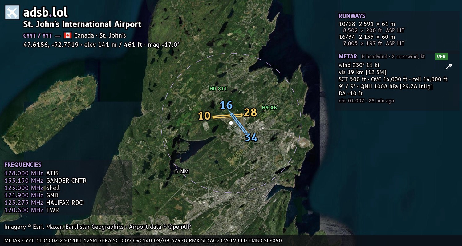 Satellite map with the runway layout of St. John's International Airport (CYYT)