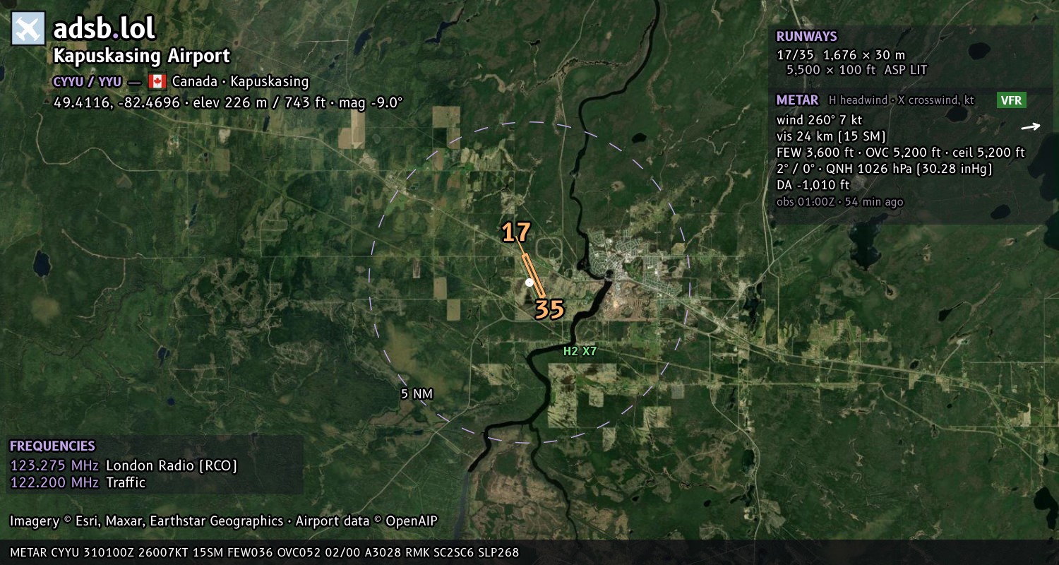 Satellite map with the runway layout of Kapuskasing Airport (CYYU)