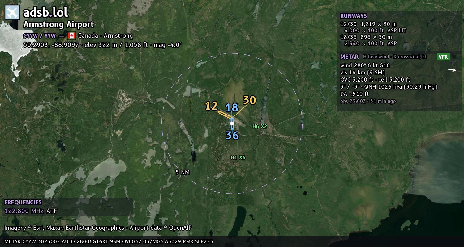 Satellite map with the runway layout of Armstrong Airport (CYYW)