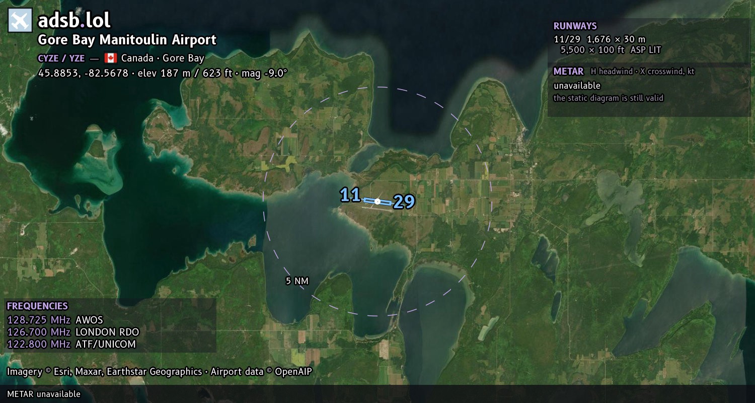 Satellite map with the runway layout of Gore Bay Manitoulin Airport (CYZE)