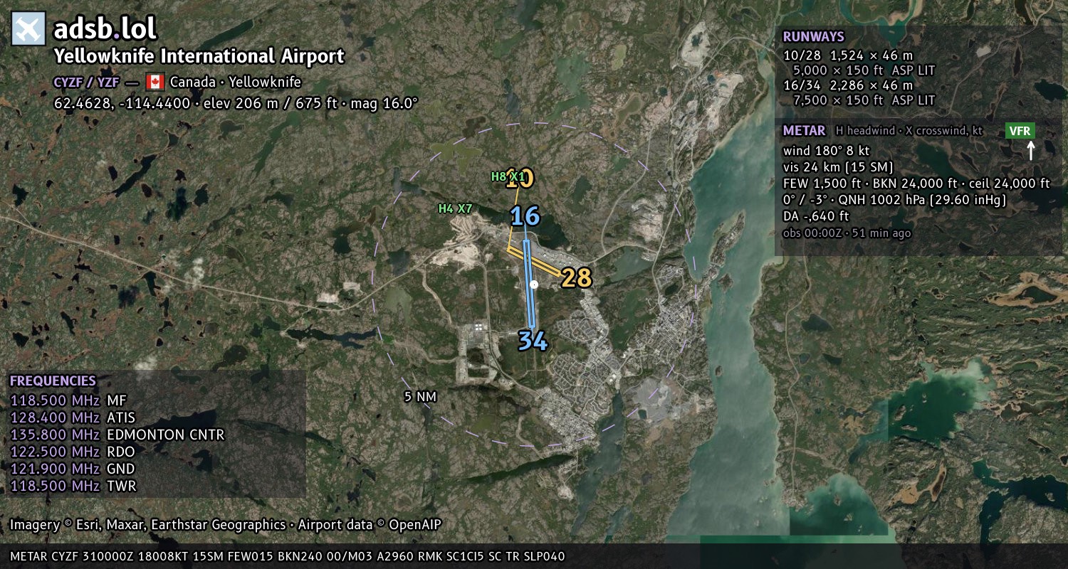 Satellite map with the runway layout of Yellowknife International Airport (CYZF)